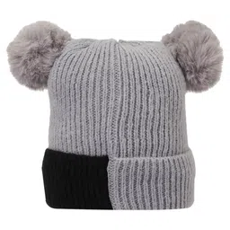 Kid-O-World Textured & Double Pom Pom Embellished Panda Patched Cap - Grey image 4