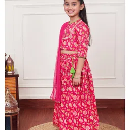 Campana 100% Cotton Woven Three Fourth Sleeves Floral & Leaves Printed Coordinating Lehenga Choli With Dupatta Set - Magenta image 5