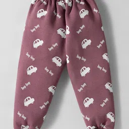 Teddy Fleece Knit Full Sleeves Hooded Winter Wear Suit Set With Kangaroo Pockets & Vehicle Print - Rose Gold image 4