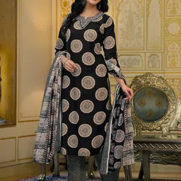 SKYLEE Women Ethnic Motifs Printed Regular Thread Work Kurta with Palazzos & With Dupatta image 5