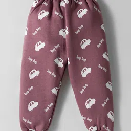 Teddy Fleece Knit Full Sleeves Hooded Winter Wear Suit Set With Kangaroo Pockets & Vehicle Print - Rose Gold image 5