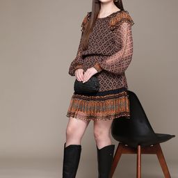 Label Ritu Kumar Aztec Print Bishop Sleeves Ruffled Chiffon A-Line Dress-picture-4
