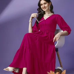 Krunal Raiyani Women V-Neck Tiered Fit & Flare Midi Dress-image-77