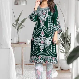 snizvi Women Ethnic Motifs Embroidered Regular Thread Work Kurta with Trousers-picture-11