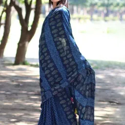 Chidiyaa Blue Block Printed Cotton Mul Saree-picture-39