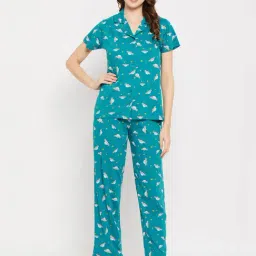 Clovia Teal Cotton Printed Shirt With Pyjamas-image-4