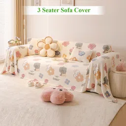 HOKIPO Beige & Grey Quilted Printed Velvet 3 Seater Sofa Cover With Arms-picture-19