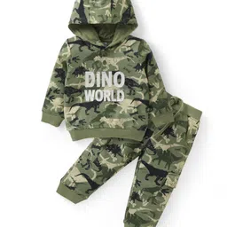 Babyhug Cotton Knit Full Sleeves Dino World Hooded Top & Pants Set With Dinosaurs Print - Green-picture-17