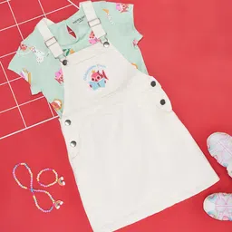 Pantaloons Junior Half Sleeves Fish Printed Tee & Dungaree Set - Bright White-image-16
