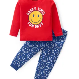 Babyhug Cotton Knit Full Sleeves Night Suit with Smiley & Text Print - Red & Navy Blue-picture-28