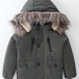 Yellow Apple Woven Full Sleeves Padded Hooded Solid Colour Jacket - Dark Green-image-47