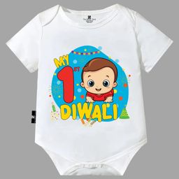 The Peppy Tend Diwali Theme 100% Cotton Half Sleeves My First Diwali Text Printed Onesie - White-picture-13