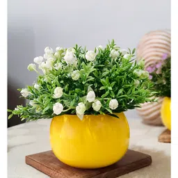 Homesake Artificial Ice Italian Rose Bunch in Yellow Metal Pot elegant white floral arrangement table centerpieces. (Set of 1)-picture-12