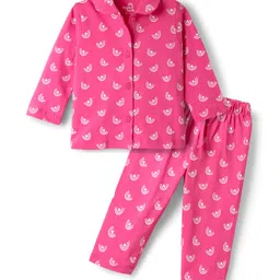 Doodle Poodle 100% Cotton Knit Full Sleeves Co-Ord Night Suit With Floral Print - Dark Pink-picture-26