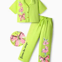 OLLINGTON ST. Cotton Knit Half Sleeves Shirt Top & Knit Trouser With Floral Print - Neon Green-picture-23
