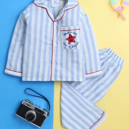 Knitting Doodles Rayon Woven Full Sleeves Striped & Starfish Embroidered On Pocket Night Suit Set - Blue & White-picture-18