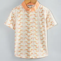 Hugsntugs Cotton Woven Half Sleeves Roosters Printed Shirt - Orange-picture-12