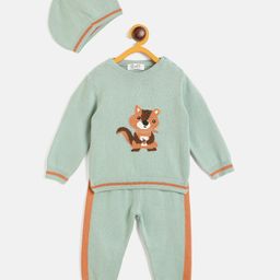 JWAAQ Cotton Knit Full Sleeves Cute Squirel Designed Sweater & Pant With Cap Set - Green-picture-32