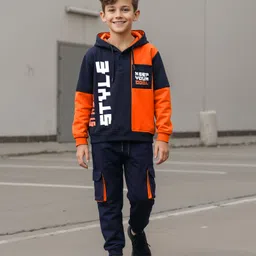 OLLINGTON ST. Cotton Color Block Full Sleeves Winter Wear Sweatshirt Hoodie & Knit Joggers Set - Navy & Rust Orange-picture-21