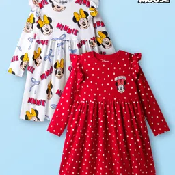 Babyhug Disney Single Jersey Knit Full Frill Sleeves Frock with Minnie Mouse Graphic Pack of 2 - Red & White-picture-16