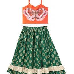 Twisha Woven Sleeveless Sequins & Stones Embellished Butterfly Lehenga Choli Set -Orange & Green-picture-13