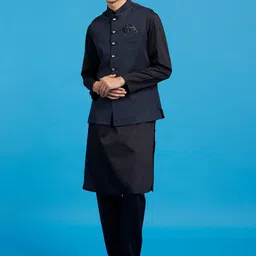 Diwas by Manyavar Self Design Pure Cotton Straight Kurta with Pyjamas & Nehru Jacket-image-6