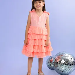 Babyhug Sleeveless Sequinned Tiered Party Frock with Bow Applique - Peach image 3