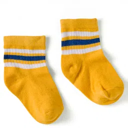 Cute Walk by Babyhug Knit Ankle Length Anti Bacterial Socks with Fun & Stripe Design Pack of 3 -Yellow Blue & White image 3