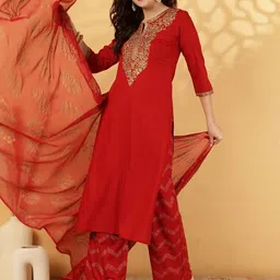 GULMOHAR JAIPUR Floral Yoke Design Zari Kurta With Palazzos & Dupatta image 4