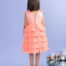 Babyhug Sleeveless Sequinned Tiered Party Frock with Bow Applique - Peach image 5