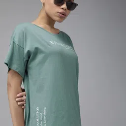 The Roadster Lifestyle Co Women Sage Green Typography Printed Pure Cotton Loose T-shirt-image-37