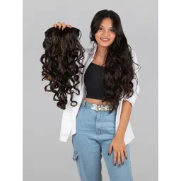 Stasia Street Clip-In 24 Inch Step Curl Dark Brown Hair Extensions With Golden Highlights image 2