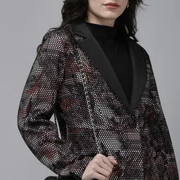 KASSUALLY Women Black & Purple Self-Designed Scuba Relaxed Fit Single-Breasted Blazer-picture-26