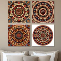 nestroots Grey & Red 4 Pieces Traditional Floral Circle Painting Canvas Wall Art-image-48