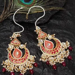 Dugran By Dugristyle Red & Pearl White Chand Bali Earrings with Kundan & Pearls for Women-image-38