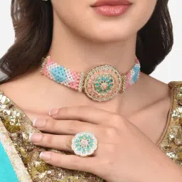 Zaveri Pearls Pink & Turquoise Stones & Beads Woven Choker Necklace Earring & Ring Set-ZPFK14040-picture-36