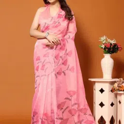 Satrani Pink Floral Print Saree With Unstitched Blouse-image-41