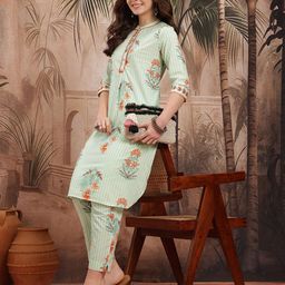 Sangria Striped & Floral Print Pure Cotton Kurta with Trousers-picture-15