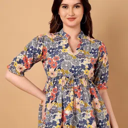 Azira Women Floral Print Mandarin Collar Cuffed Sleeves Cotton Peplum Top-picture-27