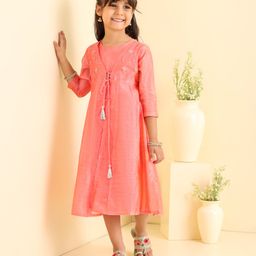 Babyhug Three Fourth Sleeves Embroidered Frock - Pink-image-113