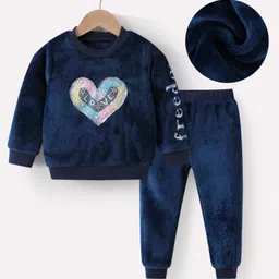 Kookie Kids Full Sleeves Winter Wear T-Shirt & Pant Set with Heart & Text Embroidery - Navy Blue-picture-24
