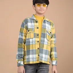 CRIMSOUNE CLUB Full Sleeves Checked Textured Shacket - Mustard-picture-22