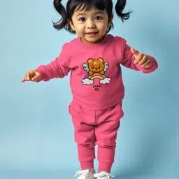 Trampoline Full Sleeves Bear Patch Embroidered Sweatshirt & Pajama Set - Pink-picture-10