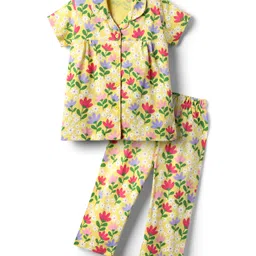 Babyhug Cotton Knit Half Sleeves Co-ords Night Suit with Floral Print - Yellow-picture-37