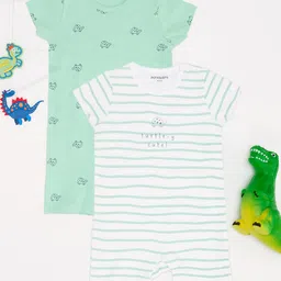 Pantaloons Baby Cotton Knit Pack of 2 Half Sleeves Striped & Turtoise Printed Rompers - White-picture-24