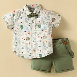 ToffyHouse Poplin Woven Half Sleeves Printed Shirt & Shorts With Bow & Suspender - White & Green-picture-26