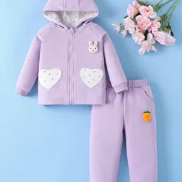 Mark & Mia Full Raglan Sleeves Winter Hooded T-Shirt & Lounge Pant Set With Floral Print & Bunny Applique - Purple-picture-19