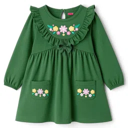 Babyhug Cotton Knit Full Sleeves Frock With Bow & Floral Applique - Green-picture-38