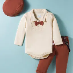 BUMZEE Cotton Knit Full Sleeves Collar Neck Onesie & Pant Set with Attached Bow Suspender & Cap - Brown & Cream-image-34
