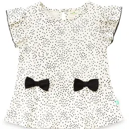 JusCubs Cotton Knit Frill Sleeves Polka Dots Printed & Bow Applique Detailed Top - White-picture-10